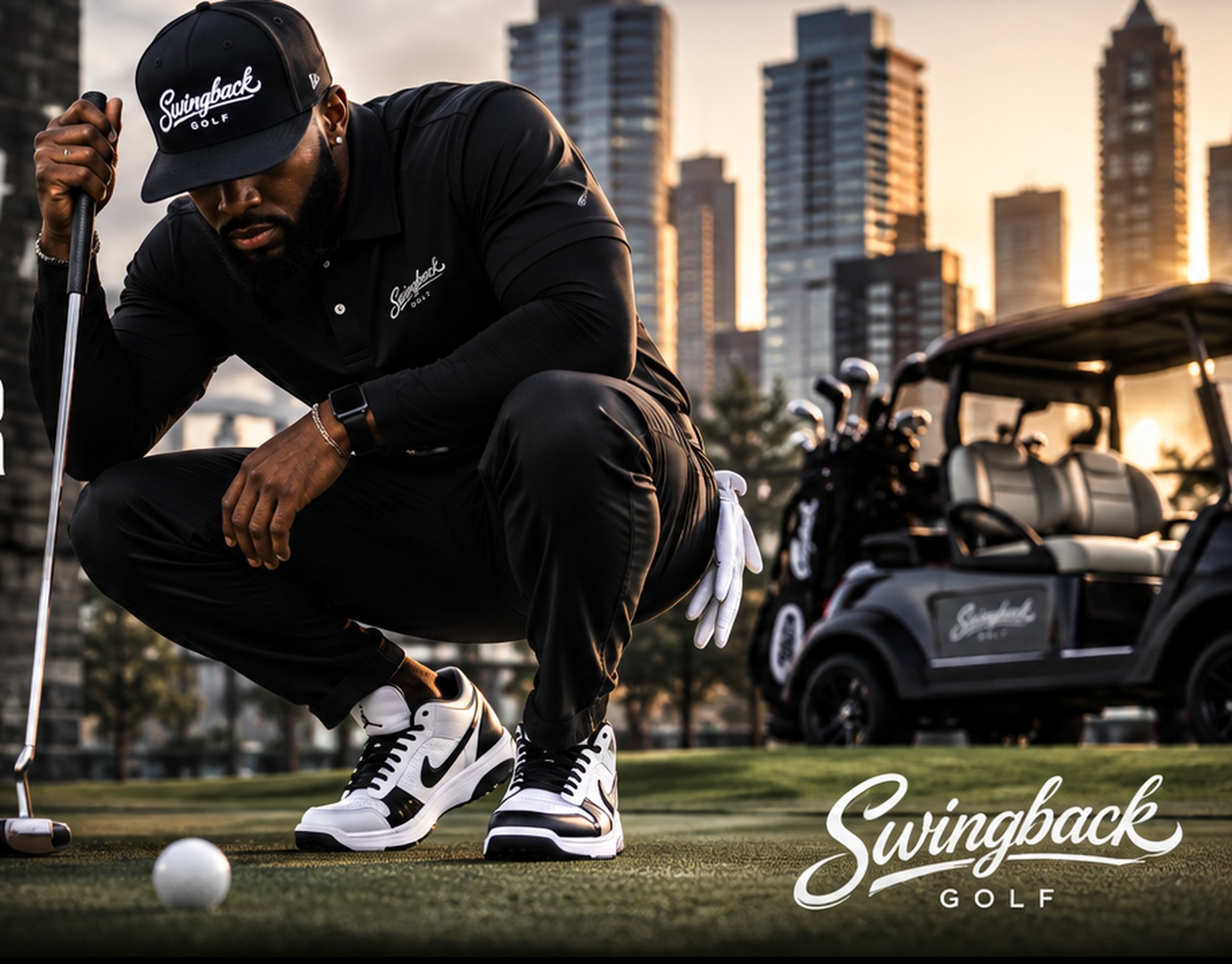 Golfer in all-black SwingBack style lining up a putt on a rooftop green above the city