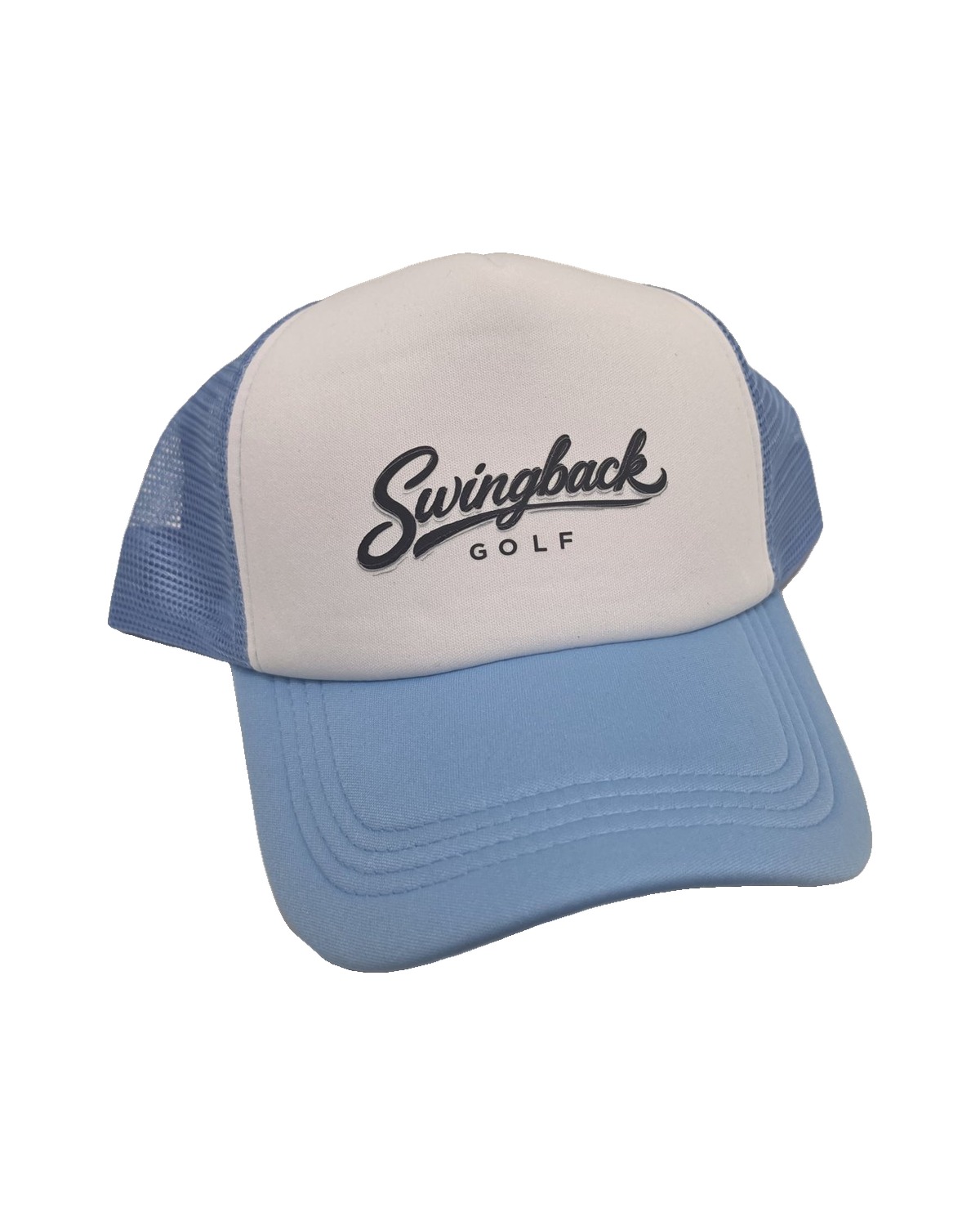 SwingBack Script Trucker Cap — Light Blue/White