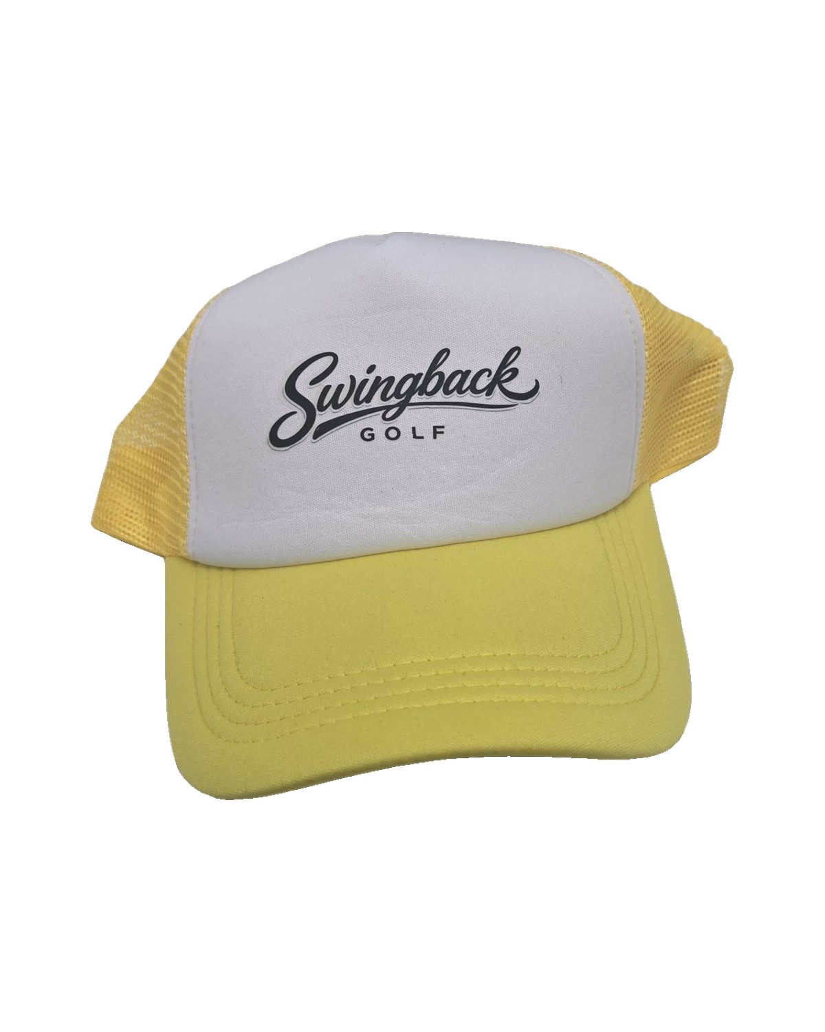 SwingBack Script Trucker Cap — Yellow/White