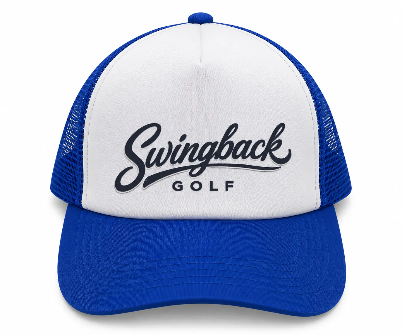 SwingBack Script Trucker Cap in Blue/White