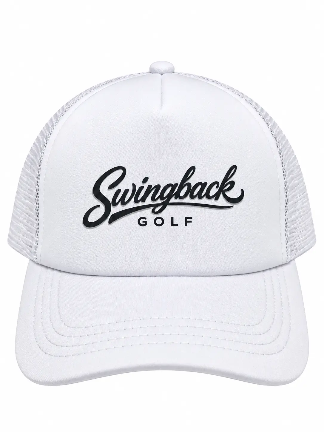 SwingBack Script Trucker Cap in White