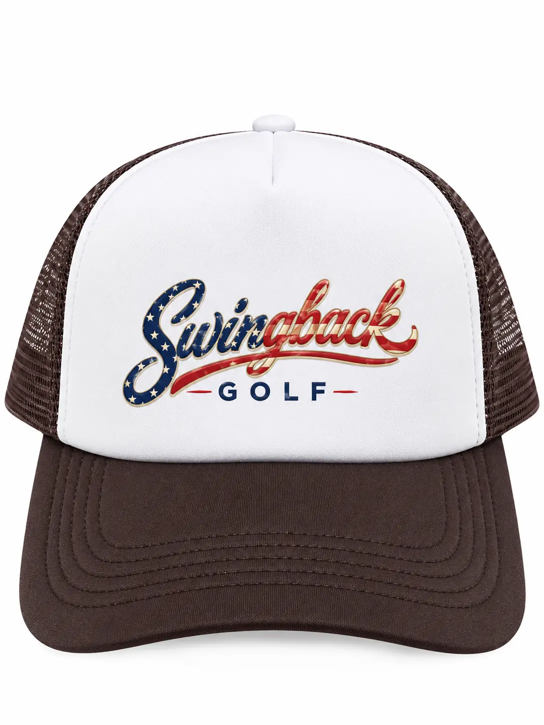SwingBack Patriotic Script Trucker Cap in Brown/White