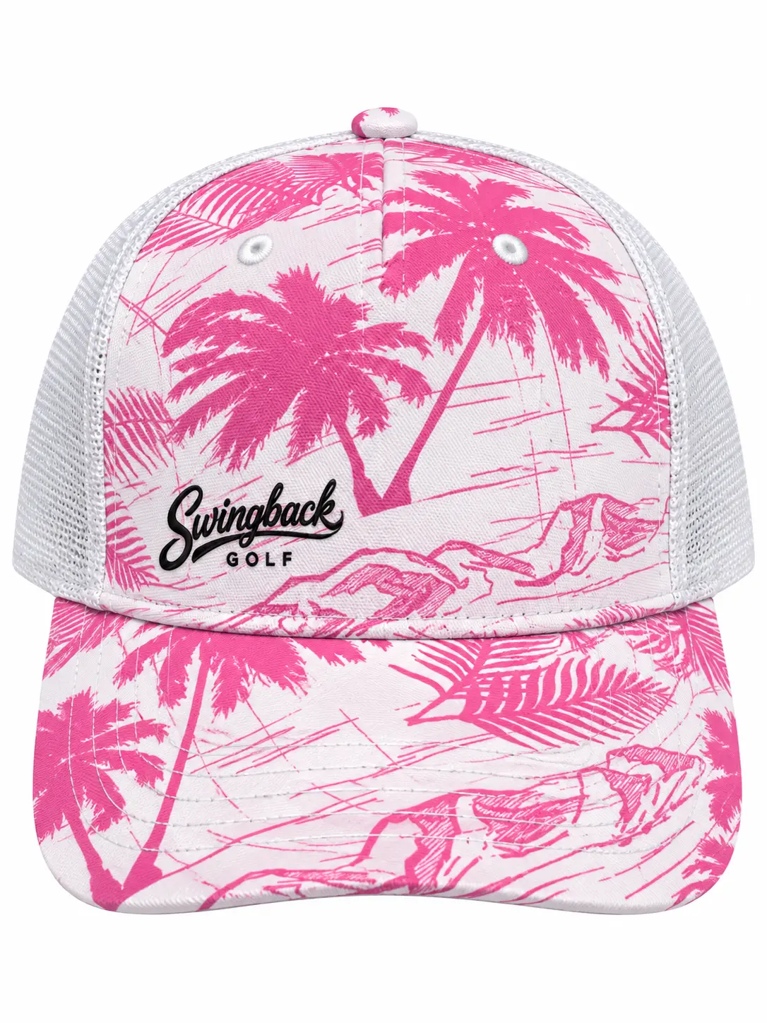 SwingBack Palm Print Trucker Cap in Pink/White