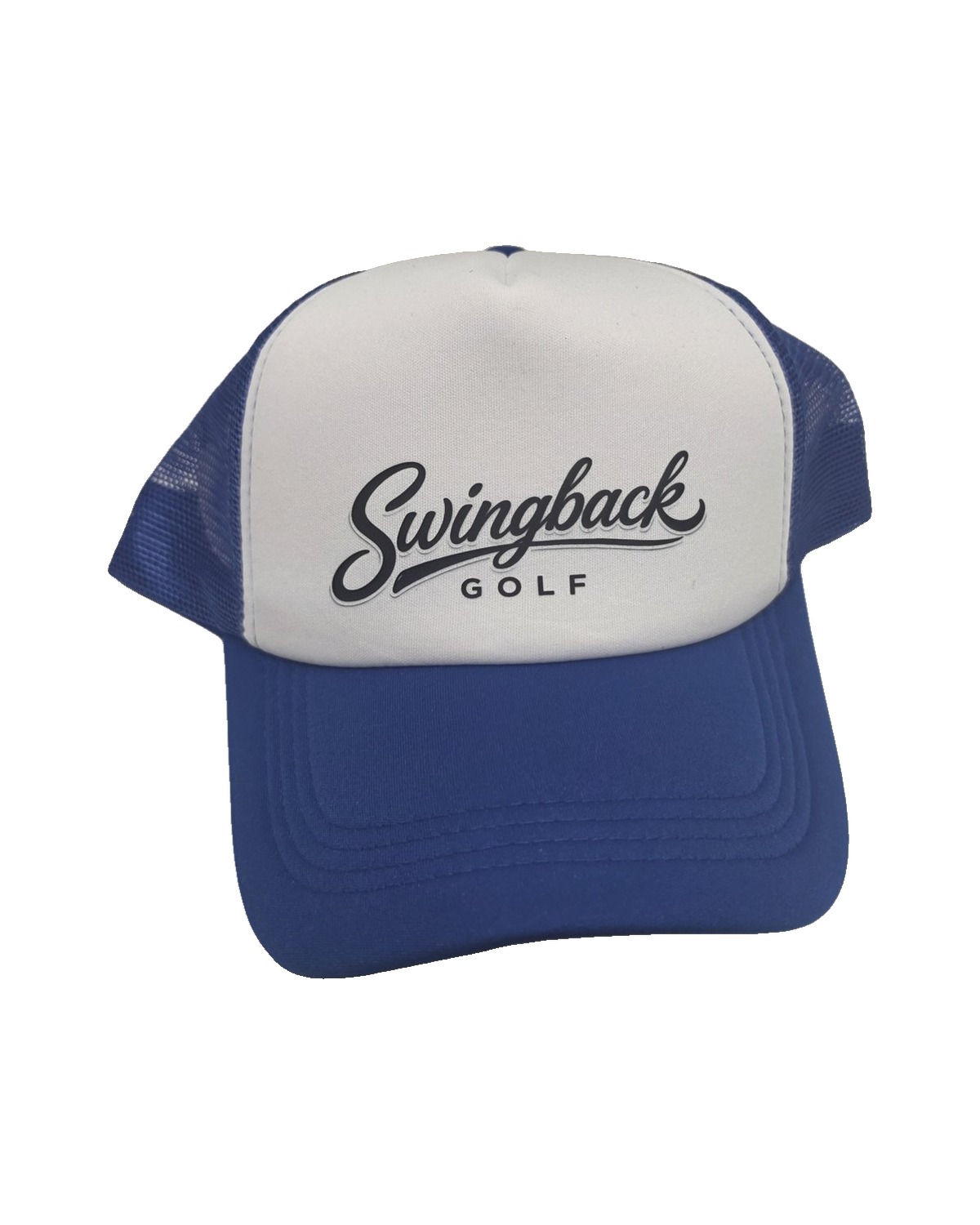 SwingBack Script Trucker Cap — Blue/White